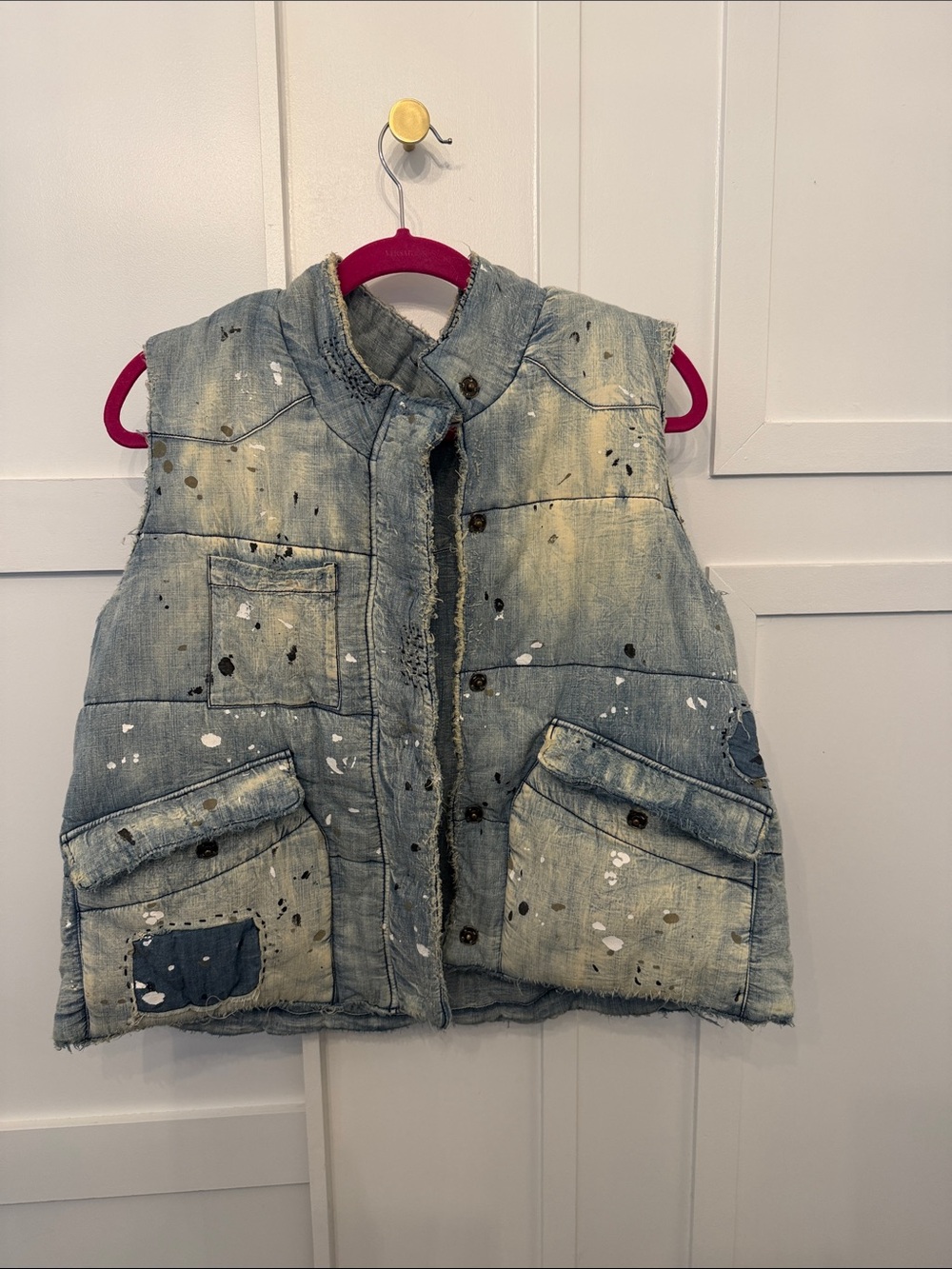 Magnolia Pearl Distressed Denim Puffer Vest with Paint-Splatter
